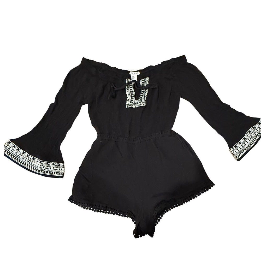 Forever 21 Black‎ Embroidered Off Shoulder Romper Bell Sleeve Boho Small
